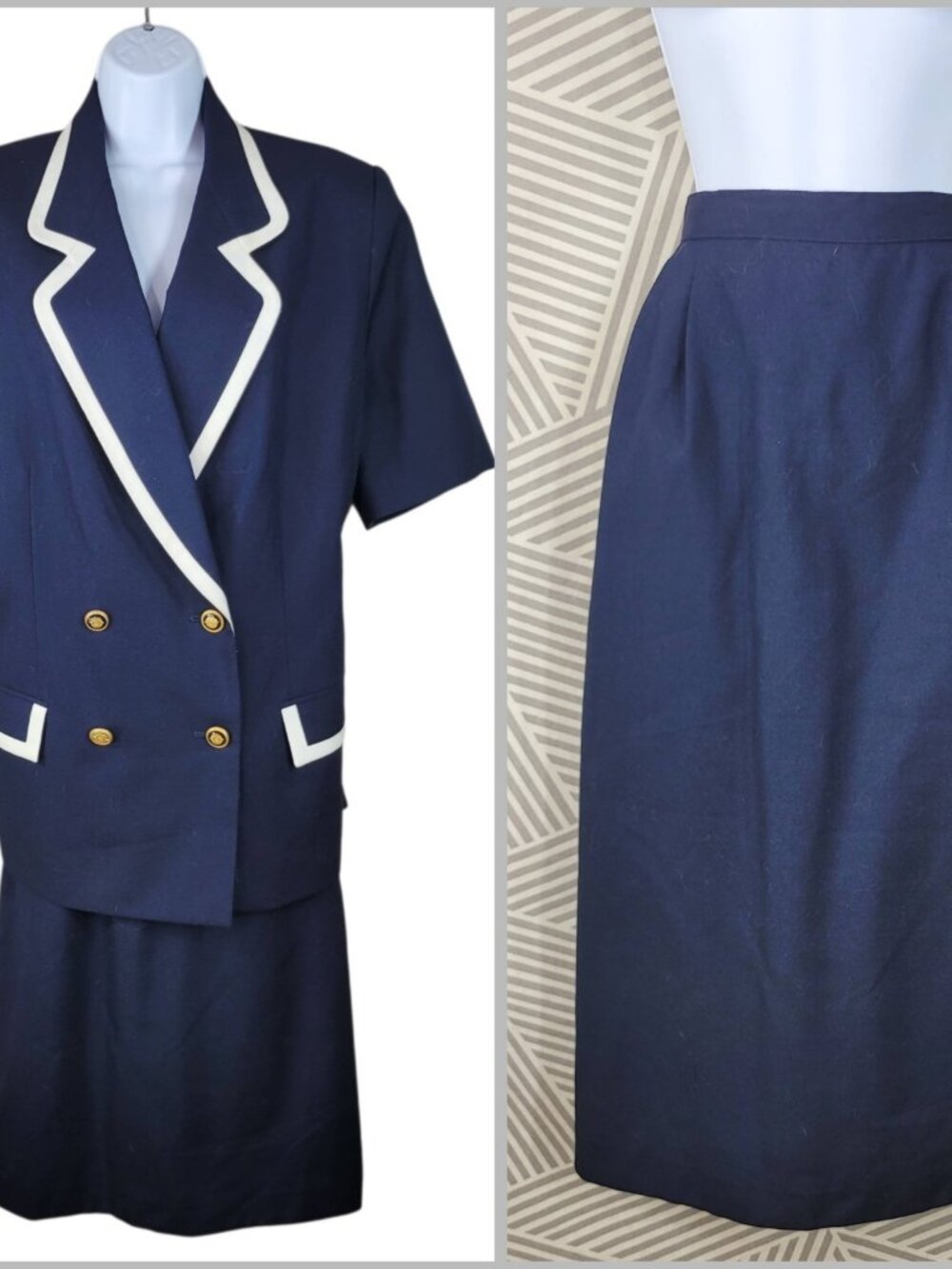 Vintage 80 2-piece Suit Set Plus Size 16W Skirt Blazer Jacket Navy Blue Nautical